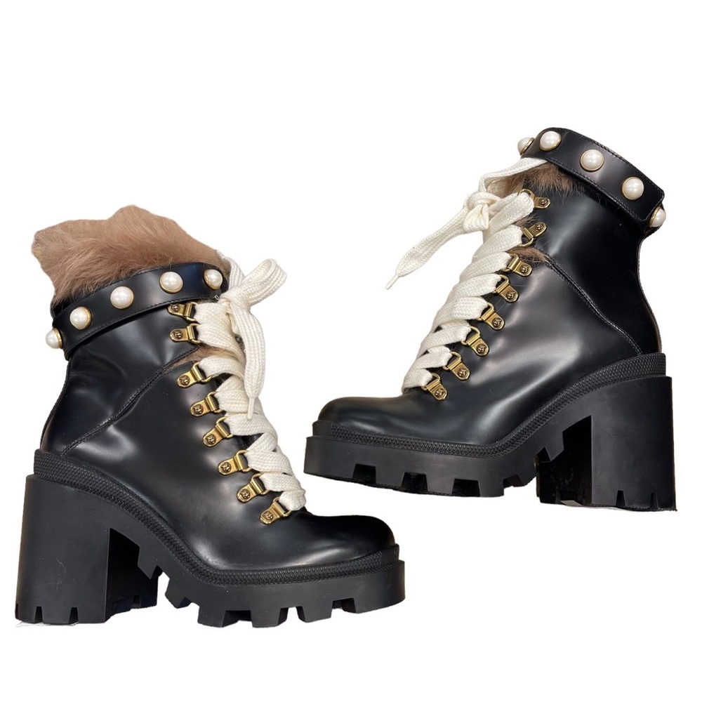GUCCI
Calfskin Fur Pearl Lace Up Combat Ankle Boots 36 Black - Picture 2 of 7